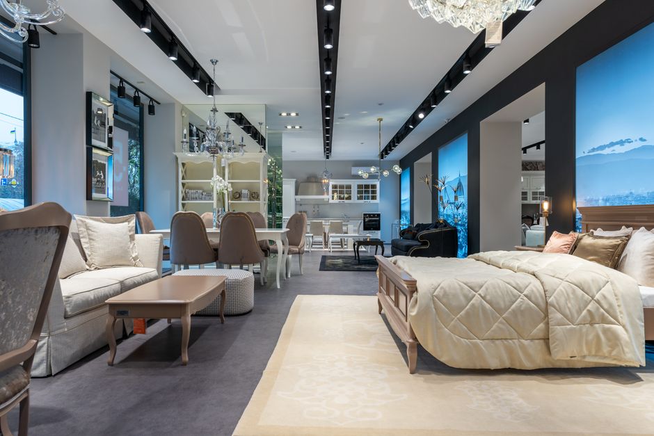 Modern luxury furniture showroom displaying custom pieces